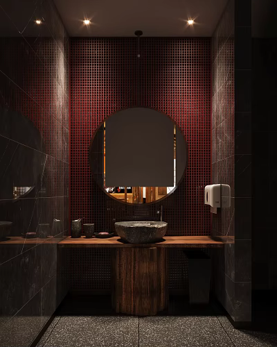 Public Restroom Interior With Red Wall Round Mirror Stone Sink And Wooden Countertop 3d model