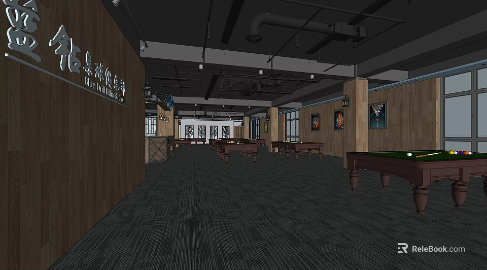 Wooden Desks In Billiard Room With Dark Carpet And Ceiling Lights 3d model 
