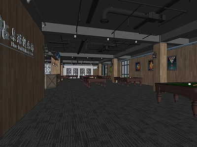 Wooden Desks In Billiard Room With Dark Carpet And Ceiling Lights 3d model