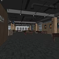 Wooden Desks In Billiard Room With Dark Carpet And Ceiling Lights