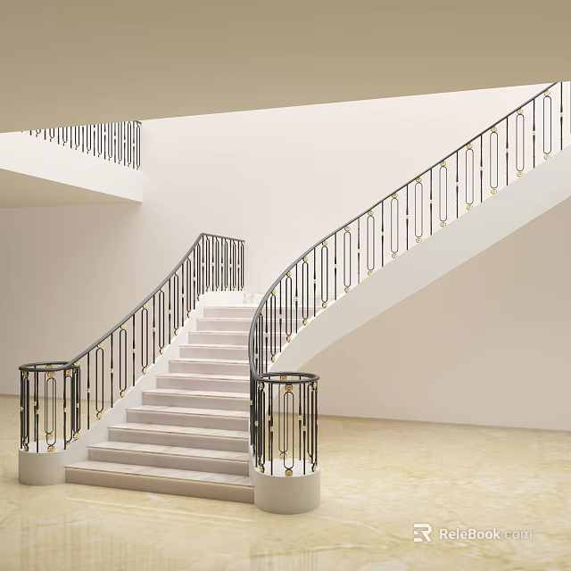 Modern Double Level Staircase Interior Design With Iron Railings And White Steps 3d model