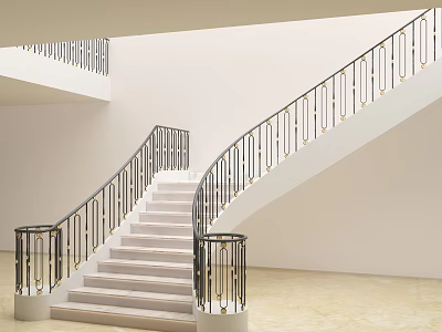 Modern Double Level Staircase Interior Design With Iron Railings And White Steps 3d model
