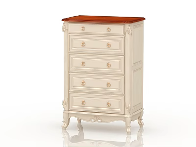 Elegant White Chest of Drawers with Red Wooden Top Golden Handles and Carved Legs 3d model