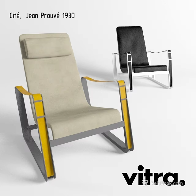 Modern Leisure Chairs With Beige And Black Upholstery Metal Frame And Yellow Accent Armrests 3d model 