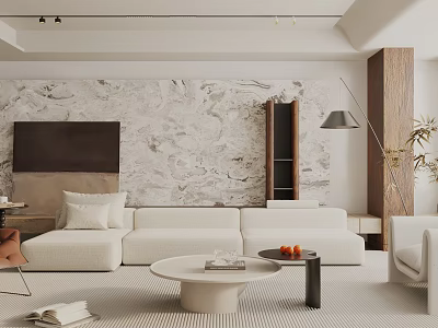 Modern Living Room Interior Design With White Sofa Marble Accent Wall And Round Coffee Table 3d model