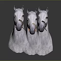Three White Horse Head Sculptures With Different Colored Bridles On Dark Background 3d model