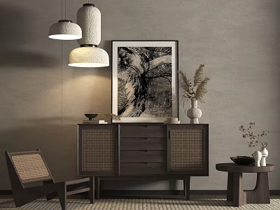 Minimalist Natural Console Cabinet Side Cabinet With Dark Wood Rattan And Decorative Painting Vase Plants 3d model