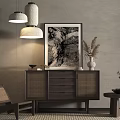 Minimalist Natural Console Cabinet Side Cabinet With Dark Wood Rattan And Decorative Painting Vase Plants