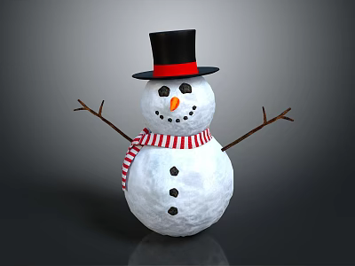 Children Create Adorable Snowman With Black Top Hat Striped Scarf And Stick Arms 3d model