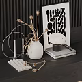 Decorative Ornament Set with White Vase Dried Flowers Candles Circular Art Print Books for Tabletop
