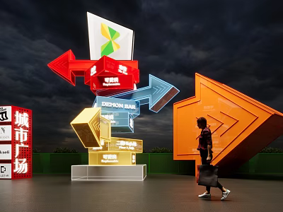 Urban Square Featuring Colorful Directional Arrows Signage And Pedestrian Walking 3d model