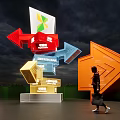 Urban Square Featuring Colorful Directional Arrows Signage And Pedestrian Walking