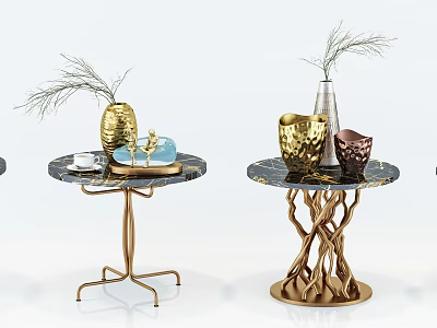 Elegant Modern Circular Side Tables With Marble Top Gold Tree Root Metal Base Decorative Vases 3d model