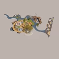 Scenic Park Landscape Design With Playground Structures Water Features Trees Circular Seating And Winding Paths 3d model