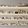Perfume and Cosmetics Display on Multiple Shelves with Various Skincare Products Lipsticks and Bottles