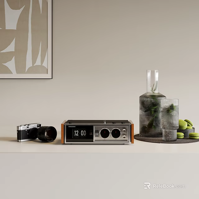 Home Tabletop Decorative Ornament Set With Vintage Camera Clock Radio Glass Vase And Greenery 3d model 