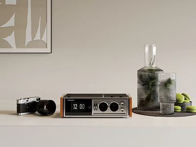 Home Tabletop Decorative Ornament Set With Vintage Camera Clock Radio Glass Vase And Greenery 3d model