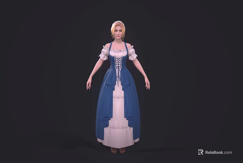 Blonde Woman in Vintage Blue and White Dress with Lace Details and Ruffled Collar 3d model 