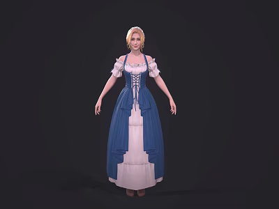 Blonde Woman in Vintage Blue and White Dress with Lace Details and Ruffled Collar 3d model