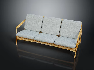 Modern Three-Seater Sofa With Wooden Frame And Light Gray Fabric Cushions 3d model