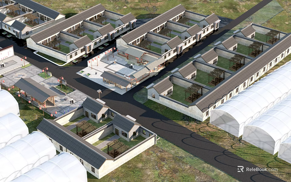 Traditional Residential Houses With Tile Roofs And Courtyards Arranged In Orderly Rows 3d model 