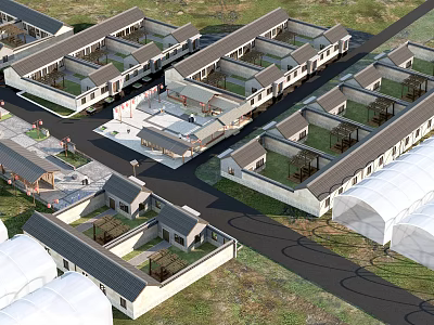 Traditional Residential Houses With Tile Roofs And Courtyards Arranged In Orderly Rows 3d model