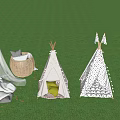 Scenic Camping Campsite with Various Tents String Lights Lush Trees and Red Rock Backdrop