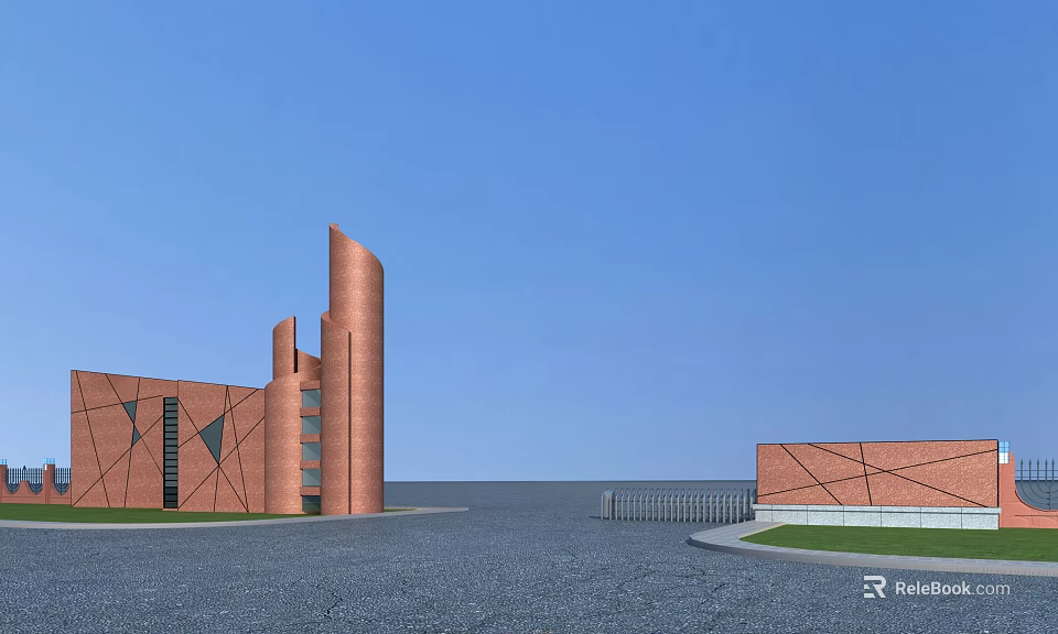 Red Brick Entrance Gate with Geometric Design Tower and Spacious Square Under Blue Sky 3d model 