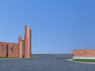 Red Brick Entrance Gate with Geometric Design Tower and Spacious Square Under Blue Sky 3d model