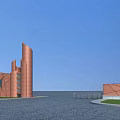 Red Brick Entrance Gate with Geometric Design Tower and Spacious Square Under Blue Sky