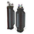 Two Tall Futuristic Tower Structures Featuring Geometric Patterns And Red Vertical Accents