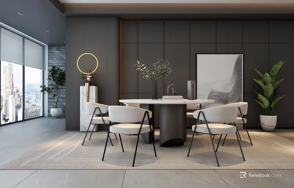 Modern Restaurant Interior With Round Dining Table White Chairs Dark Wall And City View 3d model 