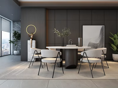 Modern Restaurant Interior With Round Dining Table White Chairs Dark Wall And City View 3d model
