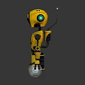 Yellow Robot Game and Movie Character With Black Eyes Green Glowing Parts Blue Transparent Sphere