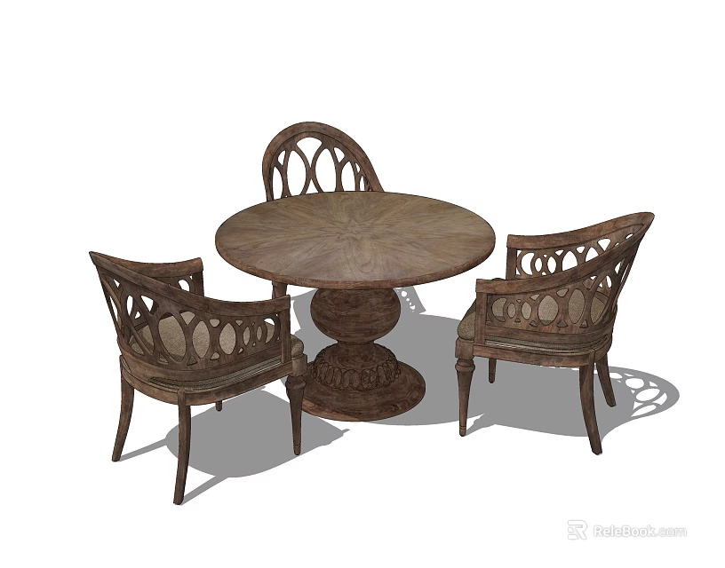Traditional Wooden Round Dining Table With Ornate Carved Chairs Set 3d model 