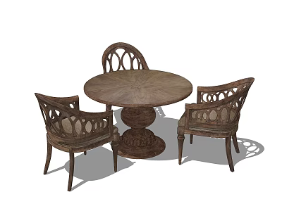 Traditional Wooden Round Dining Table With Ornate Carved Chairs Set 3d model
