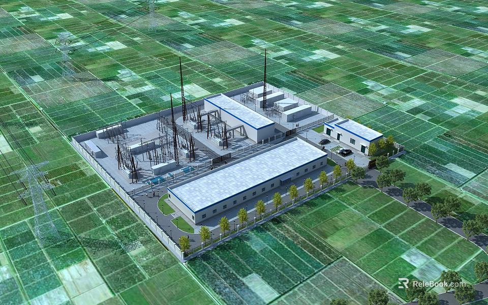 Industrial Plant Facility With Surrounding Green Fields Multiple Buildings And Industrial Equipment 3d model 