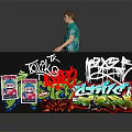 Young man skateboarding on wooden ramp with colorful graffiti art and casual outfit