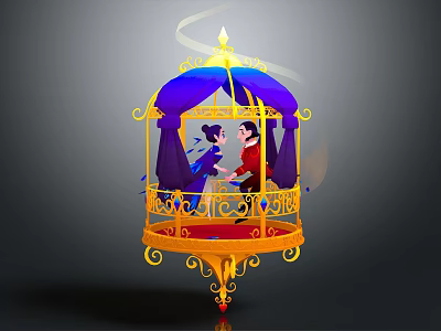 Golden Birdcage Featuring Prince And Princess With Purple Drapery And Ornate Decorations 3d model