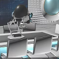 Futuristic Living Room Interior With Round Seats Large Display And Tech Equipment