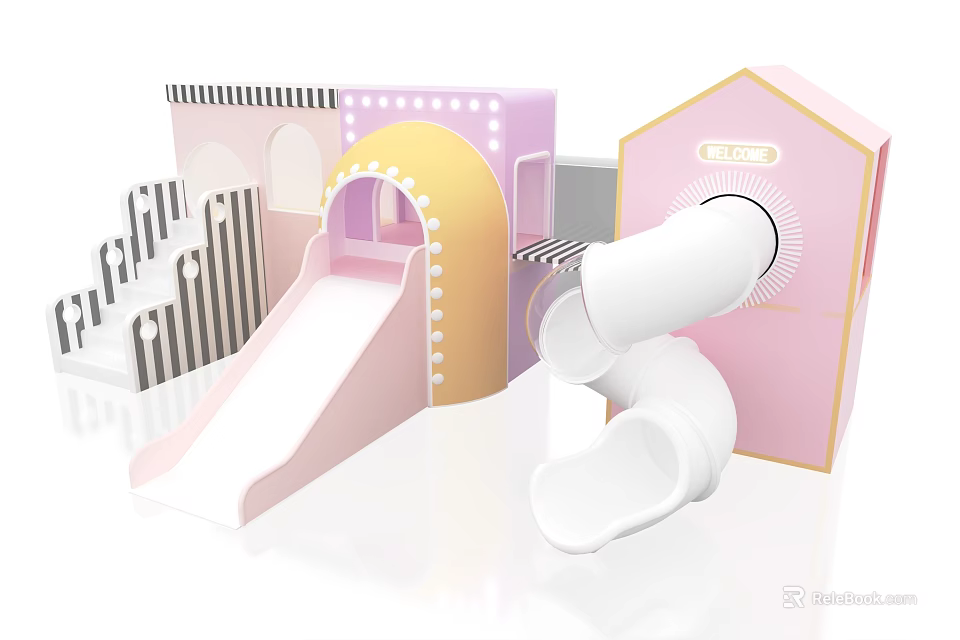 Fun Colorful Children's Play Area With Slide Tunnel And Playhouse Structures 3d model 