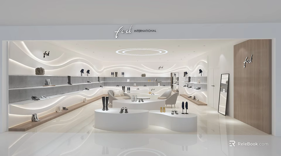 Spacious Modern Mall Store Interior With Curved White Shelves Display Tables And Products 3d model 