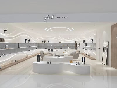 Spacious Modern Mall Store Interior With Curved White Shelves Display Tables And Products 3d model