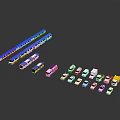 Various Vehicles Including Long Blue Trains Buses Trucks And Cars On