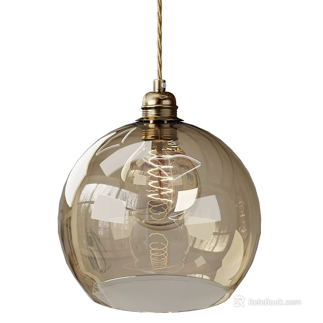 Amber Glass Globe Pendant Light With Brass Fitting And Spiral Filament 3d model 