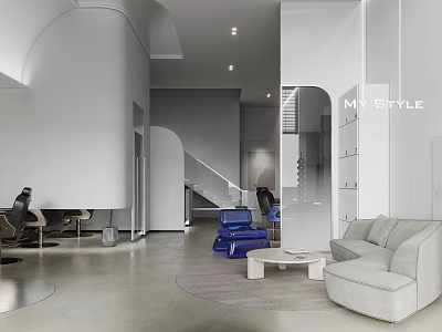Modern Elegant Beauty Salon Interior With Sofa Chairs Display Shelves And Staircase 3d model