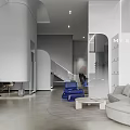 Modern Elegant Beauty Salon Interior With Sofa Chairs Display Shelves And Staircase