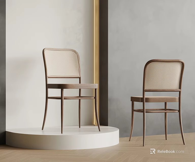 Modern Wooden Chairs With Woven Back Design On White Display Stand 3d model 
