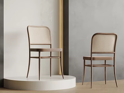 Modern Wooden Chairs With Woven Back Design On White Display Stand 3d model
