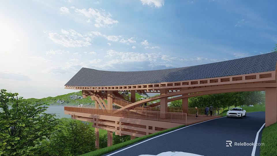 Modern Wooden Road Facility with Curved Roof Pedestrians and Green Landscape 3d model 